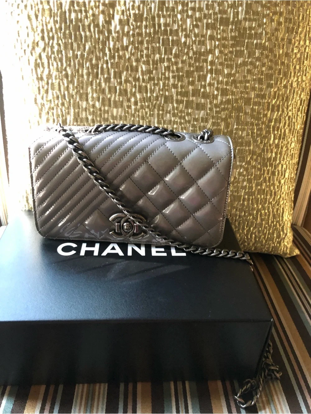 Chanel Coco Boyd Quilted Patent Leather Flap Bag in Dark Gray